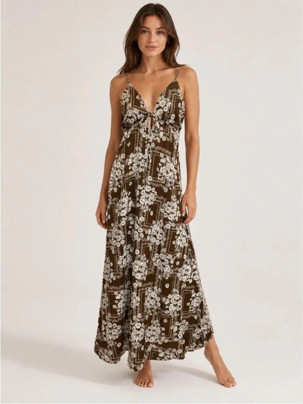 Paper Heart Anthropologie Chocolate Brown Floral Linen Maxi Dress, Size Large